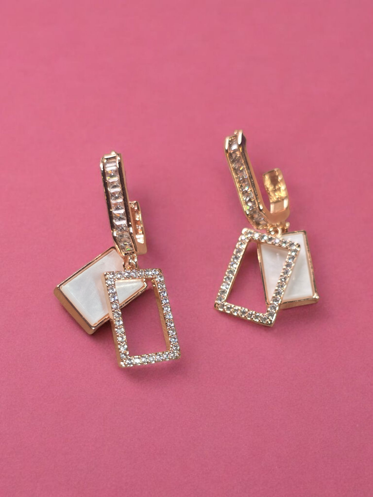 Crystal Glint Dual Rectangle Hooped Drop Earrings