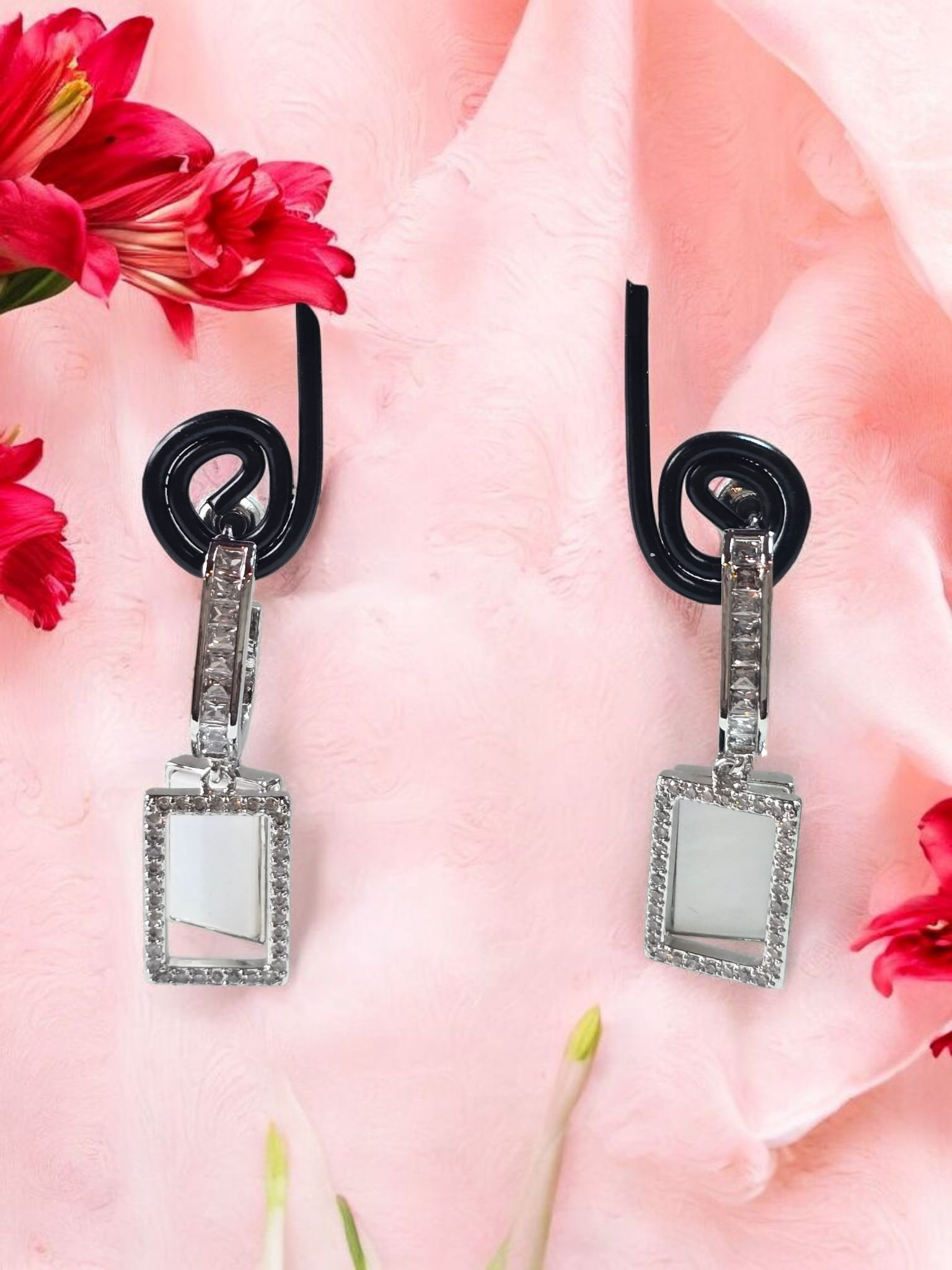 Crystal Glint Dual Rectangle Hooped Drop Earrings - Image 3