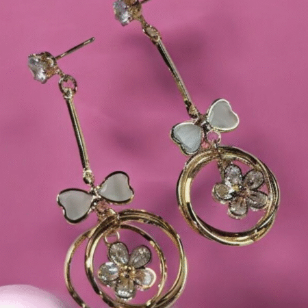 "Golden Flutter Enamel Butterfly & Crystal Bloom Drop Earrings"