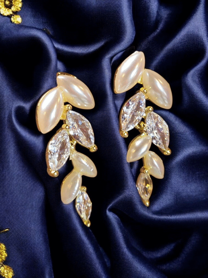Golden Glint Pearl with Crystal Rhinestone Leaf fall Earrings