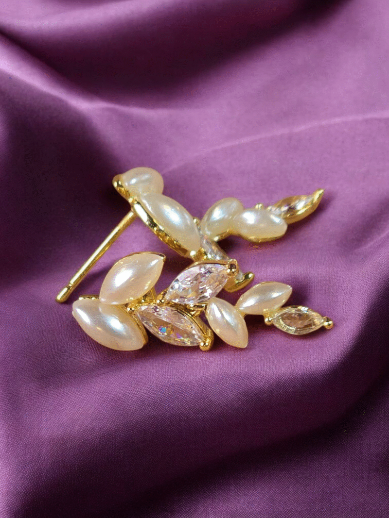Golden Glint Pearl with Crystal Rhinestone Leaf fall Earrings - Image 2