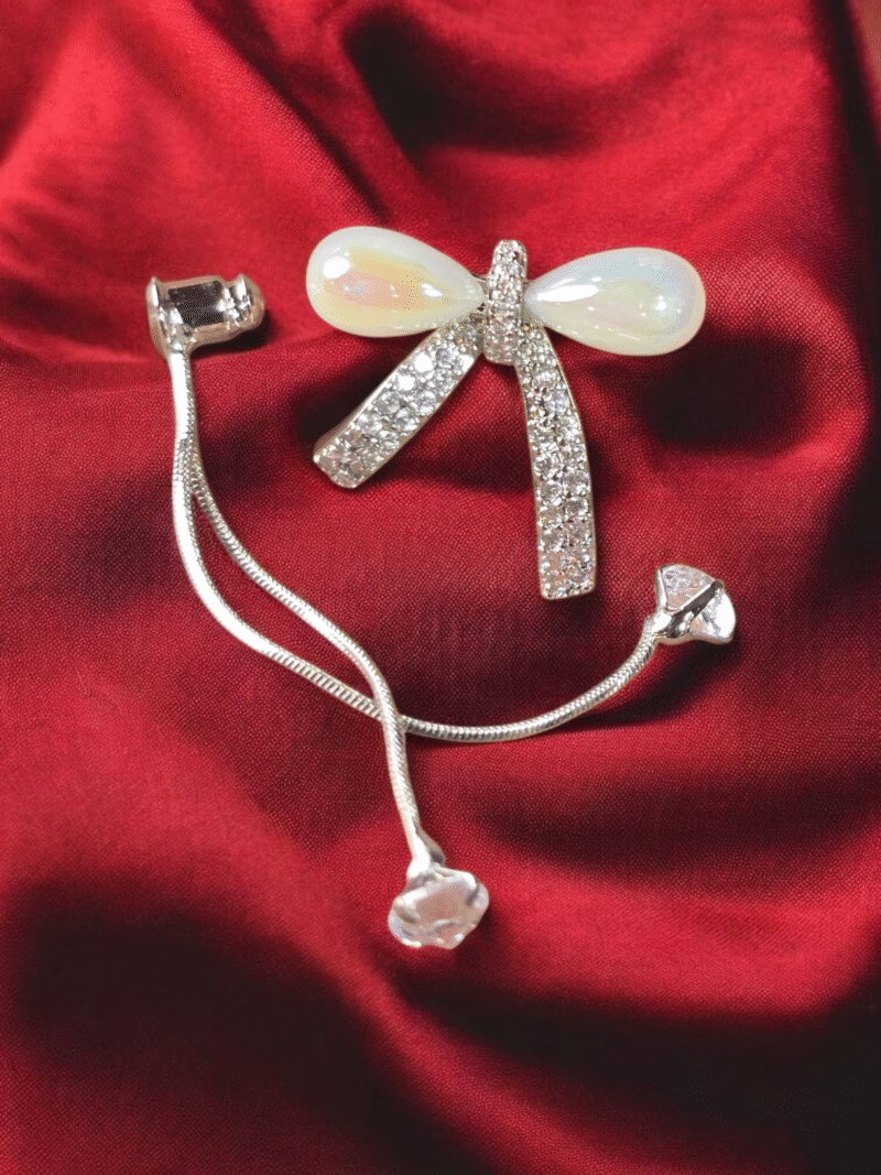 Pearl Ribbon - Bow Elegance with Delicate Crystal Tassel Drops - Image 2