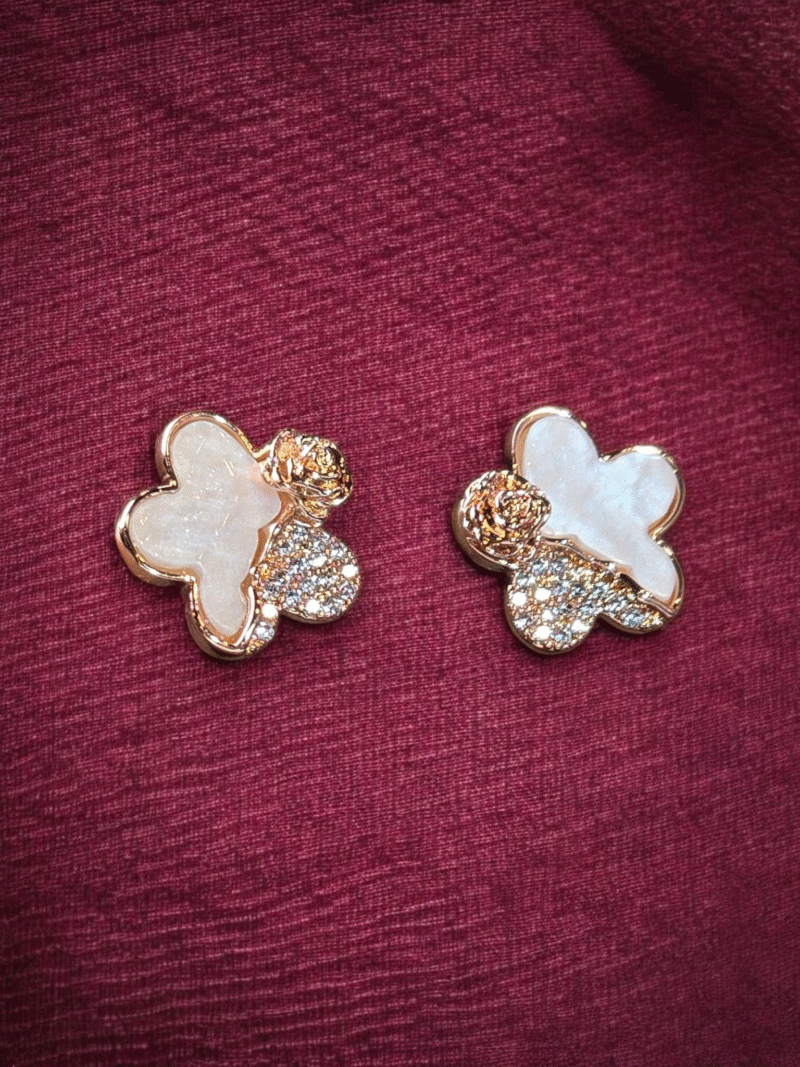 Ivory Enamel Florets – Crystal Rhinestone & Gold-Toned Rose Stud Earrings - Image 2