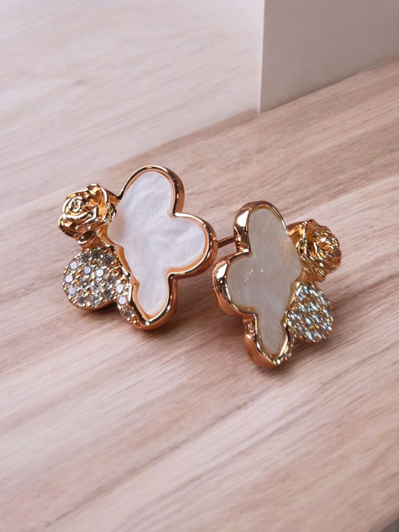 Ivory Enamel Florets – Crystal Rhinestone & Gold-Toned Rose Stud Earrings - Image 3