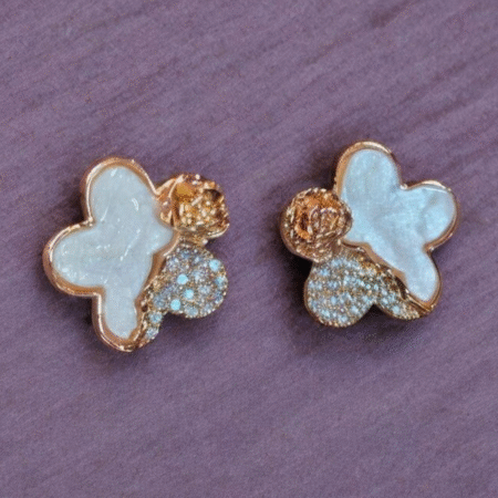Ivory Enamel Florets – Crystal Rhinestone & Gold-Toned Rose Stud Earrings