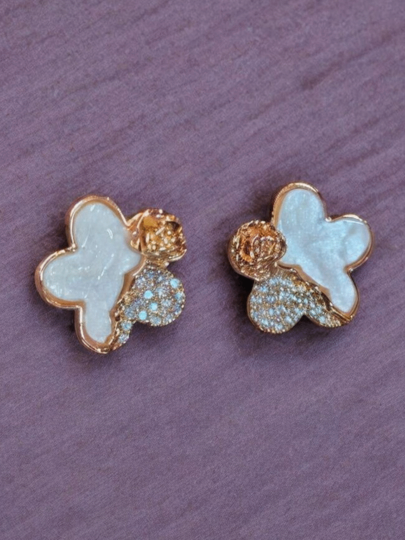 Ivory Enamel Florets – Crystal Rhinestone & Gold-Toned Rose Stud Earrings