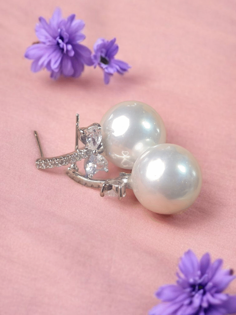 Lustrous Pearl with Sparkling Crystal Wings Studs - Image 6