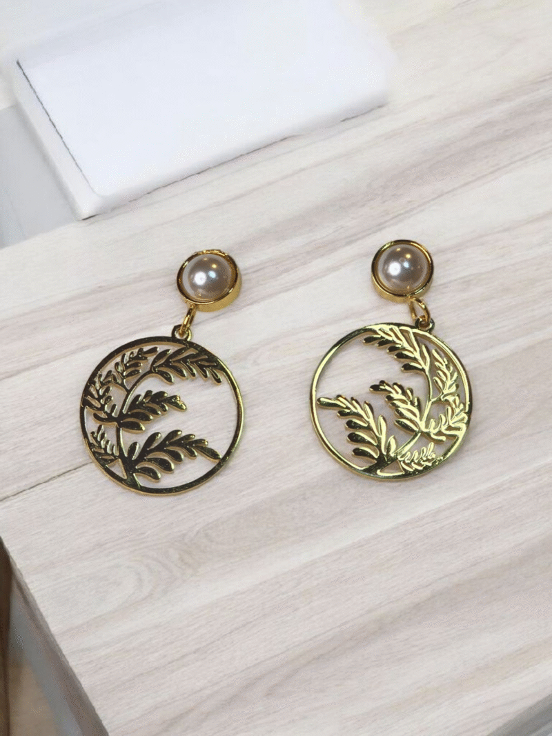 Glided Golden Fern Empress Pearl Drop Earrings