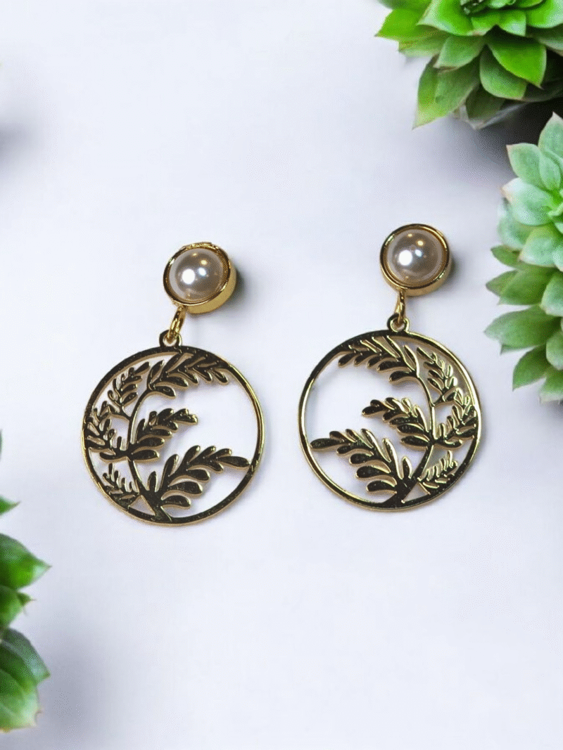 Glided Golden Fern Empress Pearl Drop Earrings - Image 4