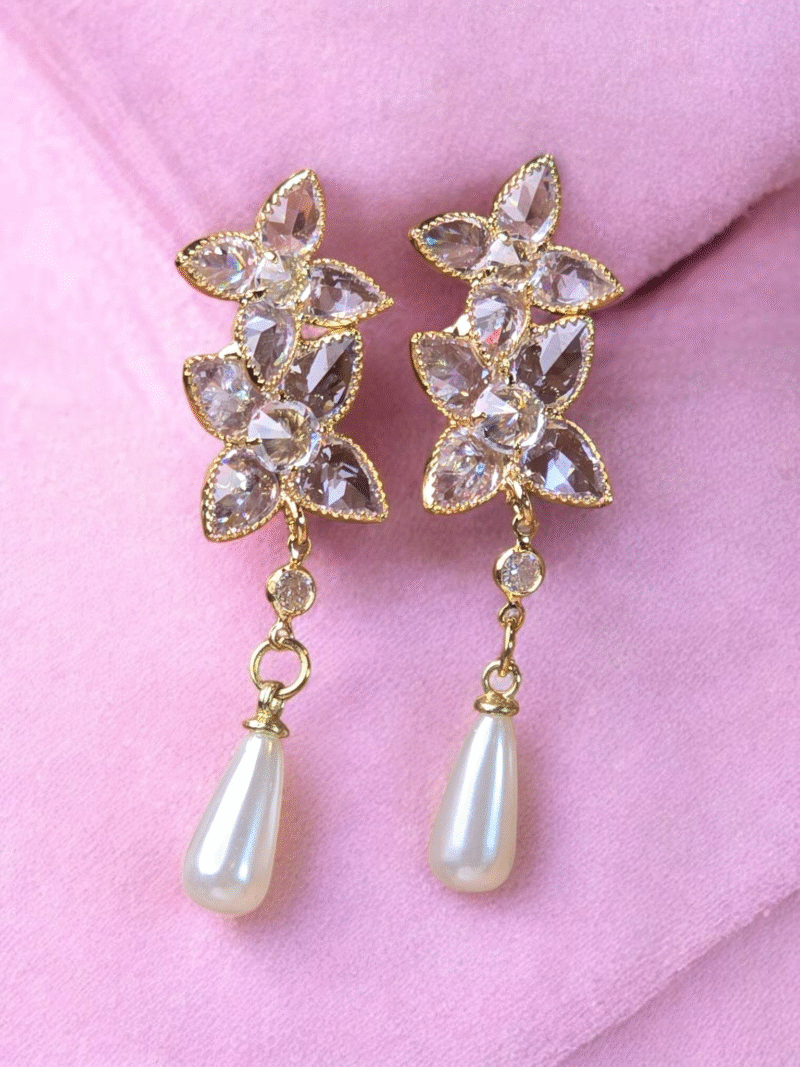 Radiant dual Floret Crystal Pearl Elegance Drop Earrings