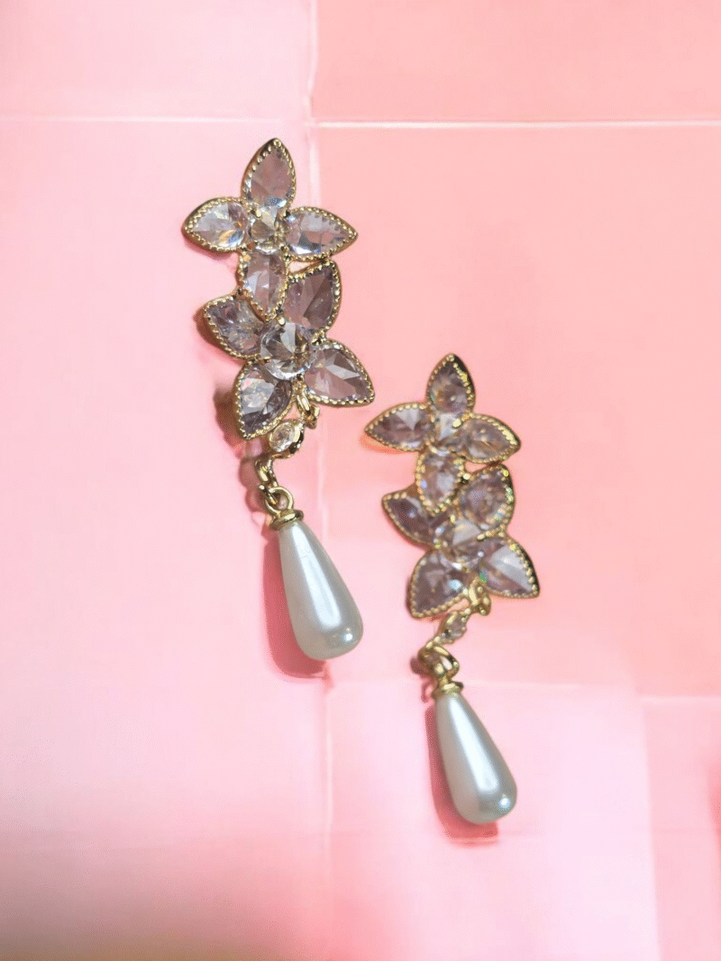 Radiant dual Floret Crystal Pearl Elegance Drop Earrings - Image 2