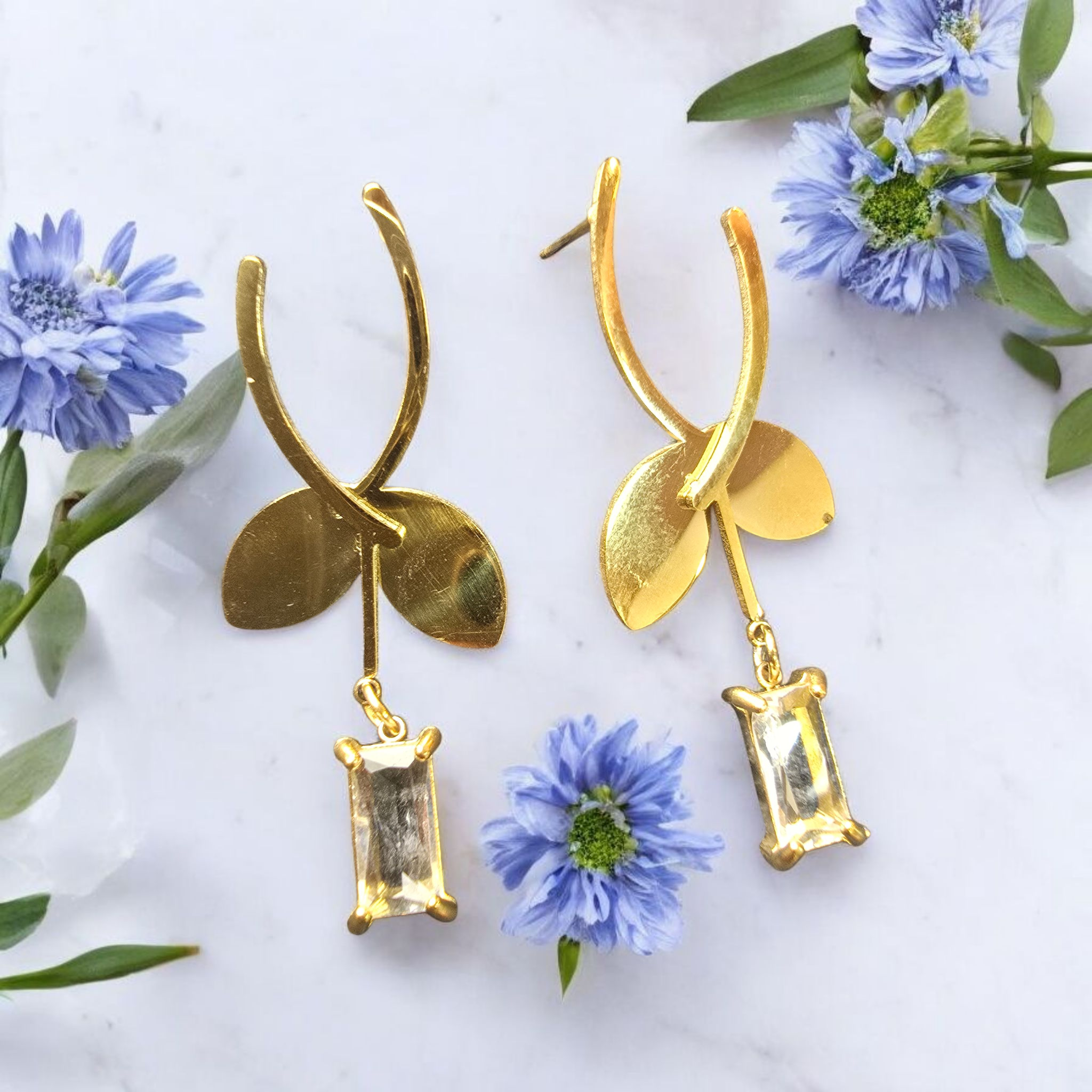 Golden Crest Crystal Leaf Arc Earrings - Image 5