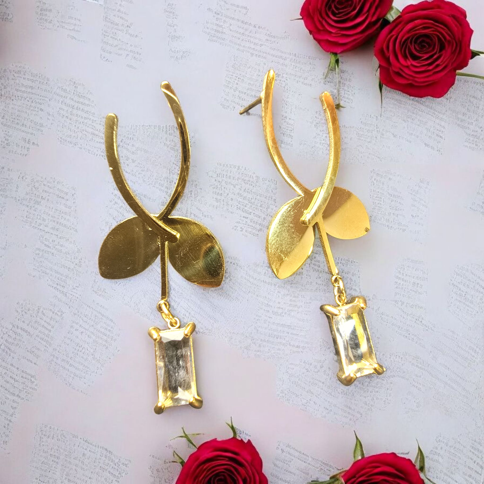 Golden Crest Crystal Leaf Arc Earrings
