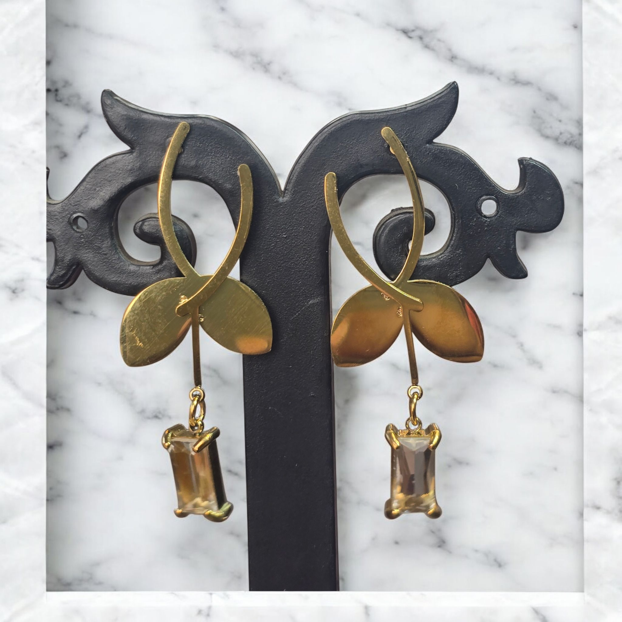 Golden Crest Crystal Leaf Arc Earrings - Image 3