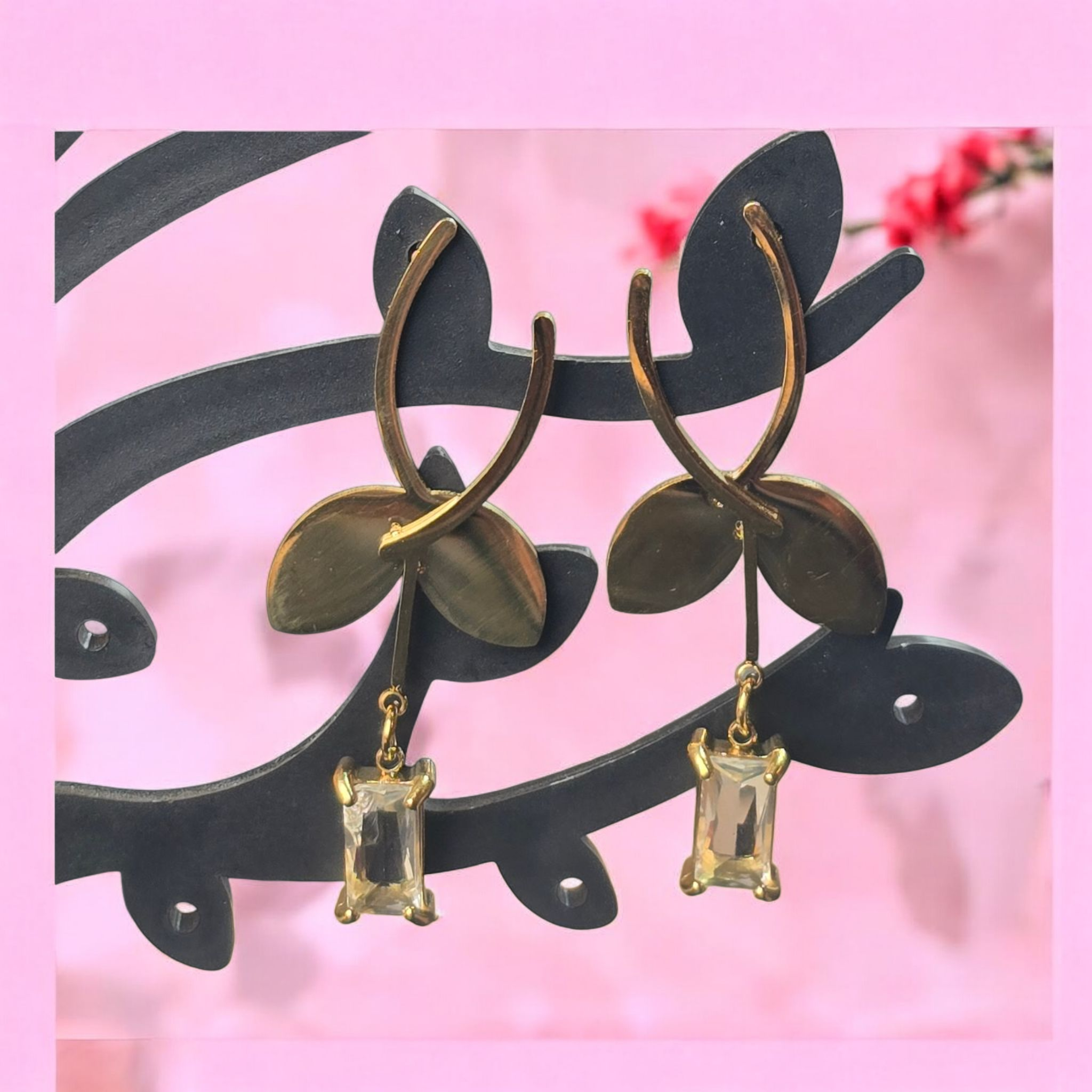 Golden Crest Crystal Leaf Arc Earrings - Image 4