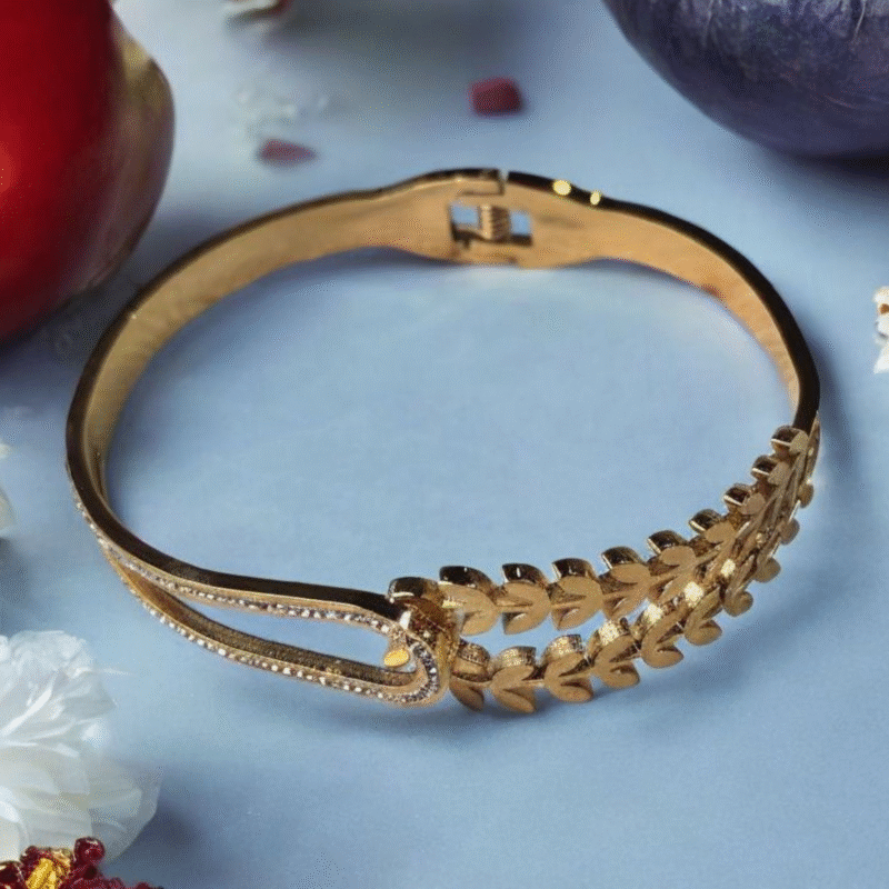Gold Leaf Motif Bangle with Crystal-Embellished Curved Clasp - Image 5