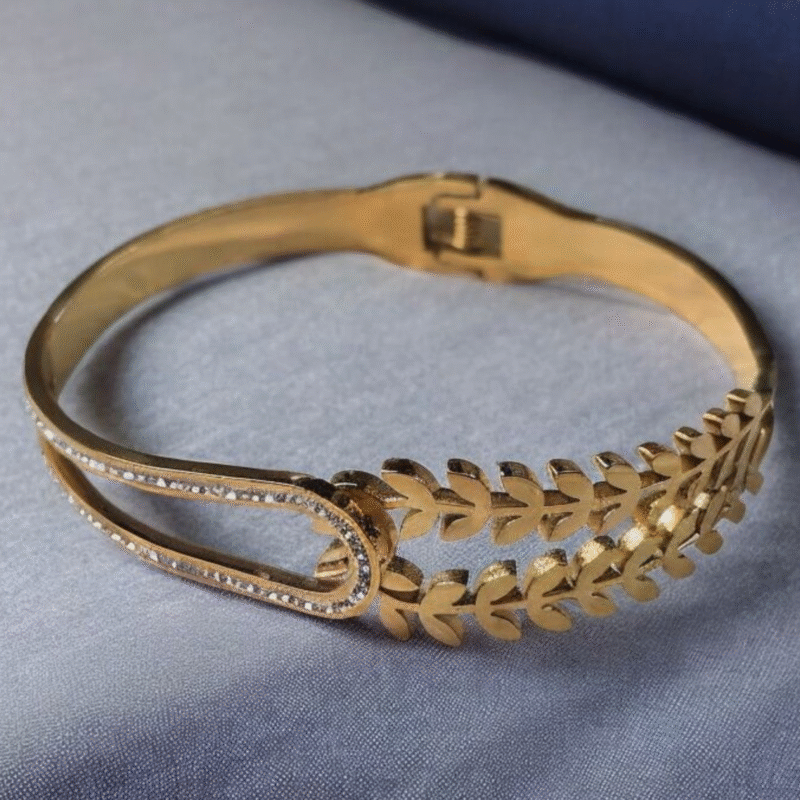 Gold Leaf Motif Bangle with Crystal-Embellished Curved Clasp - Image 6