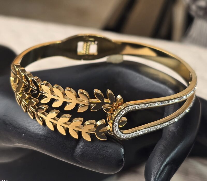 Gold Leaf Motif Bangle with Crystal-Embellished Curved Clasp - Image 2