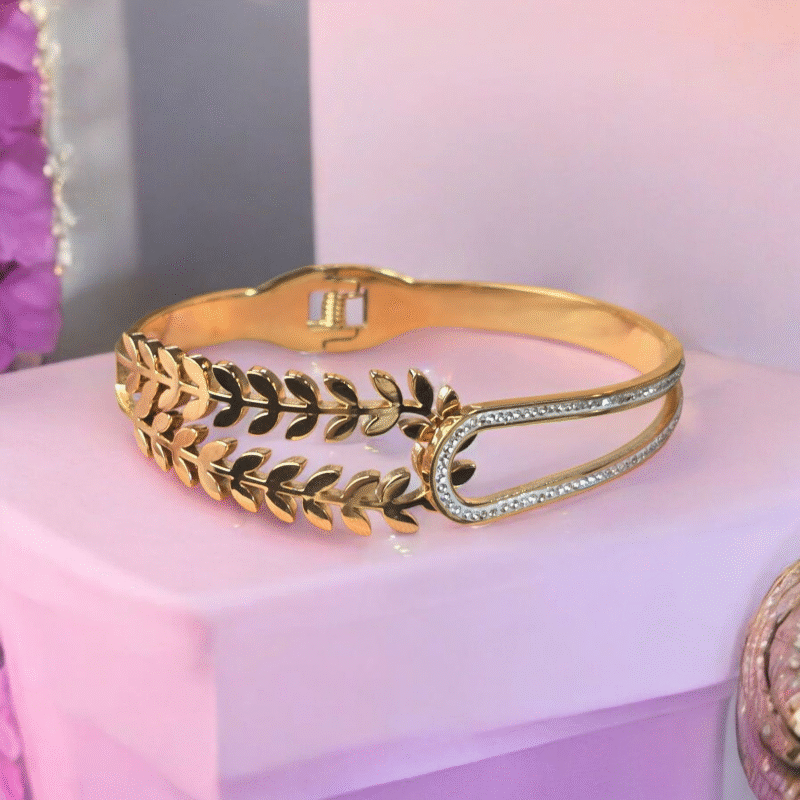 Gold Leaf Motif Bangle with Crystal-Embellished Curved Clasp - Image 4