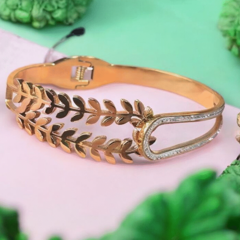 Gold Leaf Motif Bangle with Crystal-Embellished Curved Clasp - Image 7