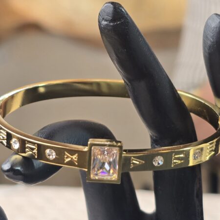 Gold Roman Numeral Bangle with Central Rectangular Crystal
