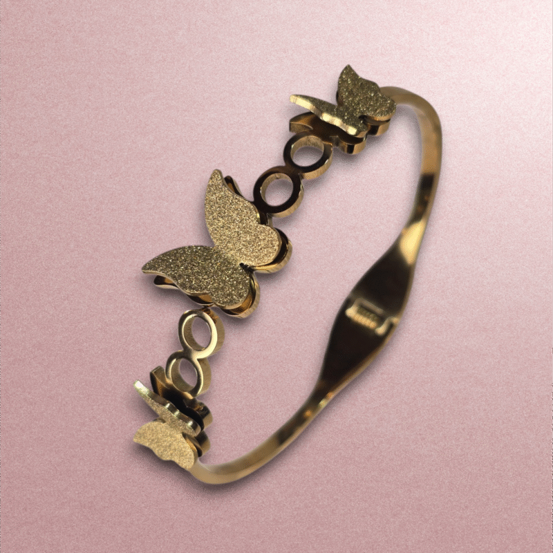 Golden Flutter Harmony Bangle with Textured Glitter Butterfly Motifs