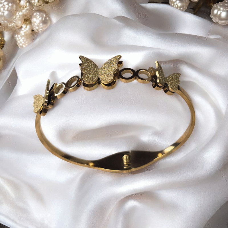 Golden Flutter Harmony Bangle with Textured Glitter Butterfly Motifs - Image 6
