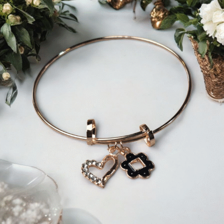 Rose Gold Charm Bangle with Crystal Heart and Black Enamel Clover