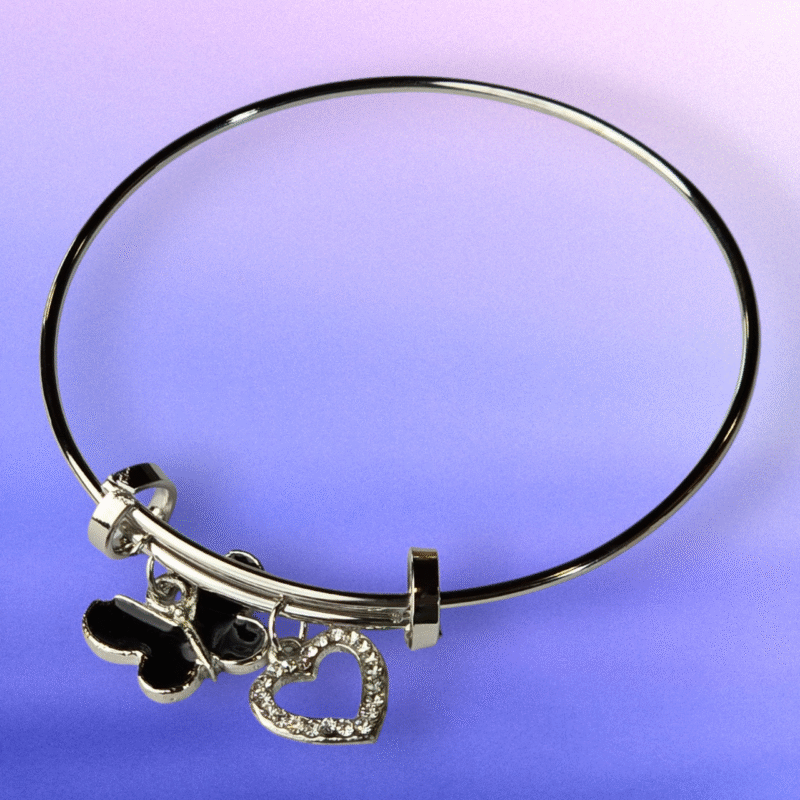 Silver Charm Bangle with Black Enamel Butterfly and Crystal Heart - Image 3