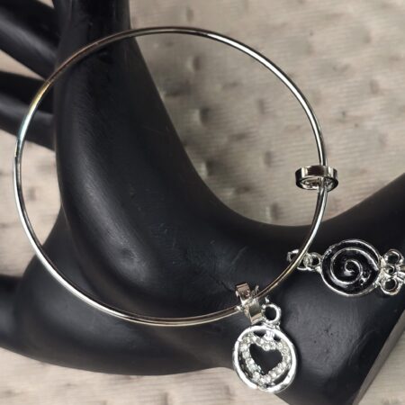Silver Textured Bangle with Sculpted Heart and Swirl Charms