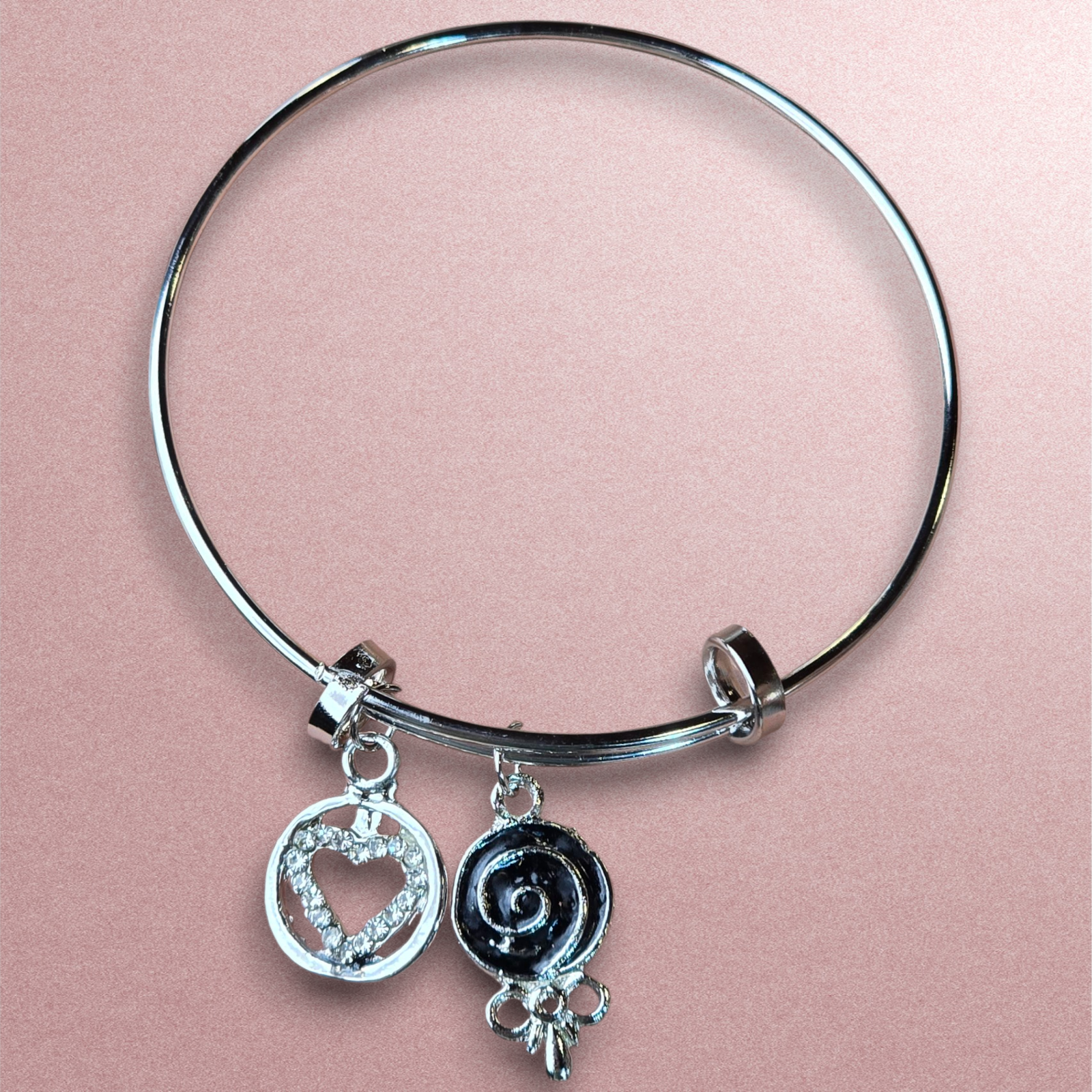 Silver Textured Bangle with Sculpted Heart and Swirl Charms - Image 3