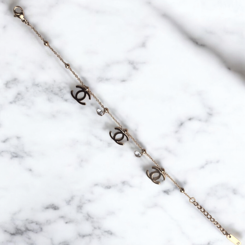 Rose Gold Logo Charm Bracelet with Crystal Droplets - Image 6