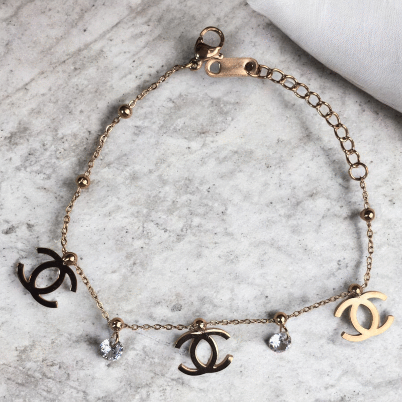 Rose Gold Logo Charm Bracelet with Crystal Droplets - Image 5