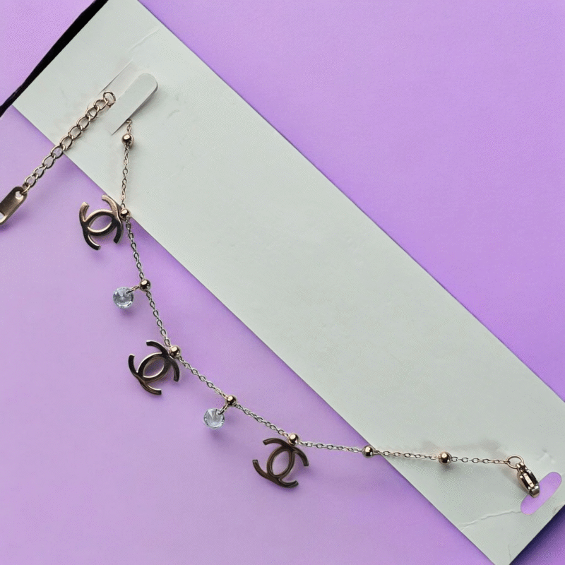 Rose Gold Logo Charm Bracelet with Crystal Droplets - Image 2