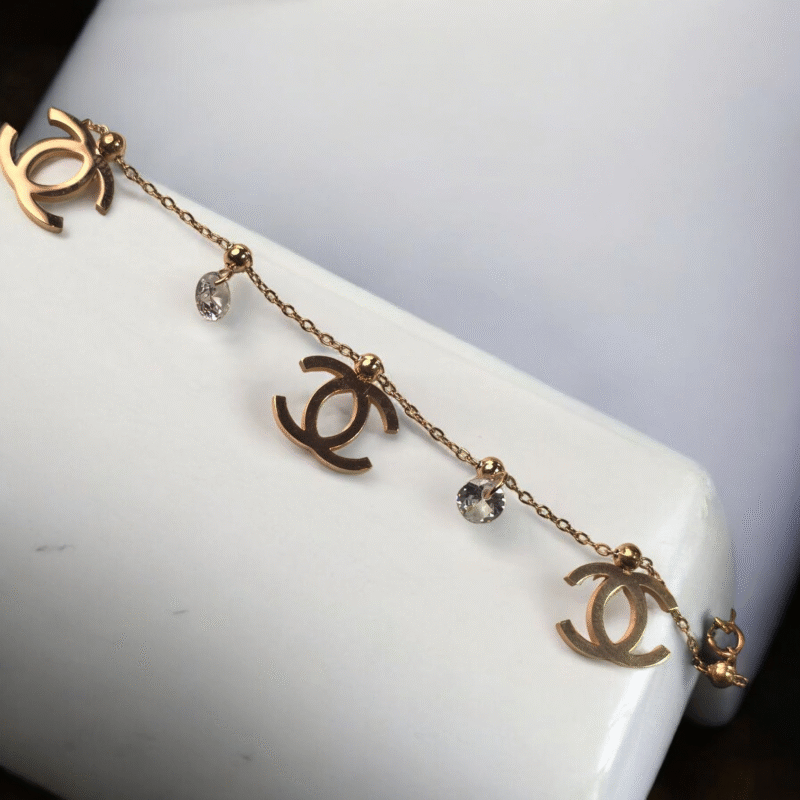Rose Gold Logo Charm Bracelet with Crystal Droplets - Image 4