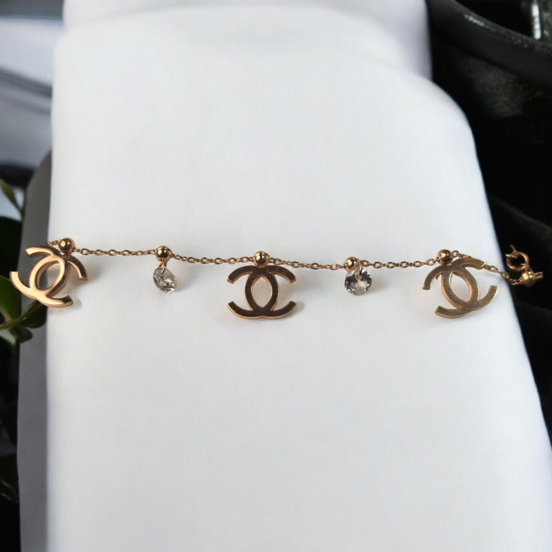 Rose Gold Logo Charm Bracelet with Crystal Droplets - Image 7