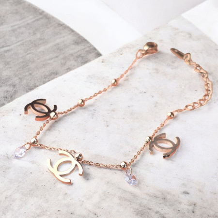 Rose Gold Logo Charm Bracelet with Crystal Droplets