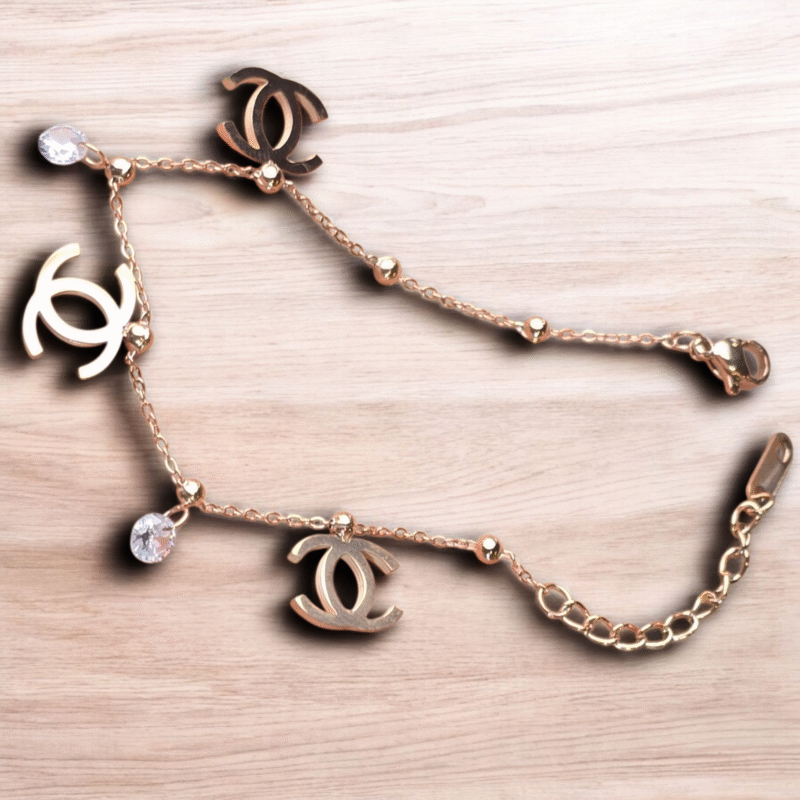 Rose Gold Logo Charm Bracelet with Crystal Droplets - Image 3