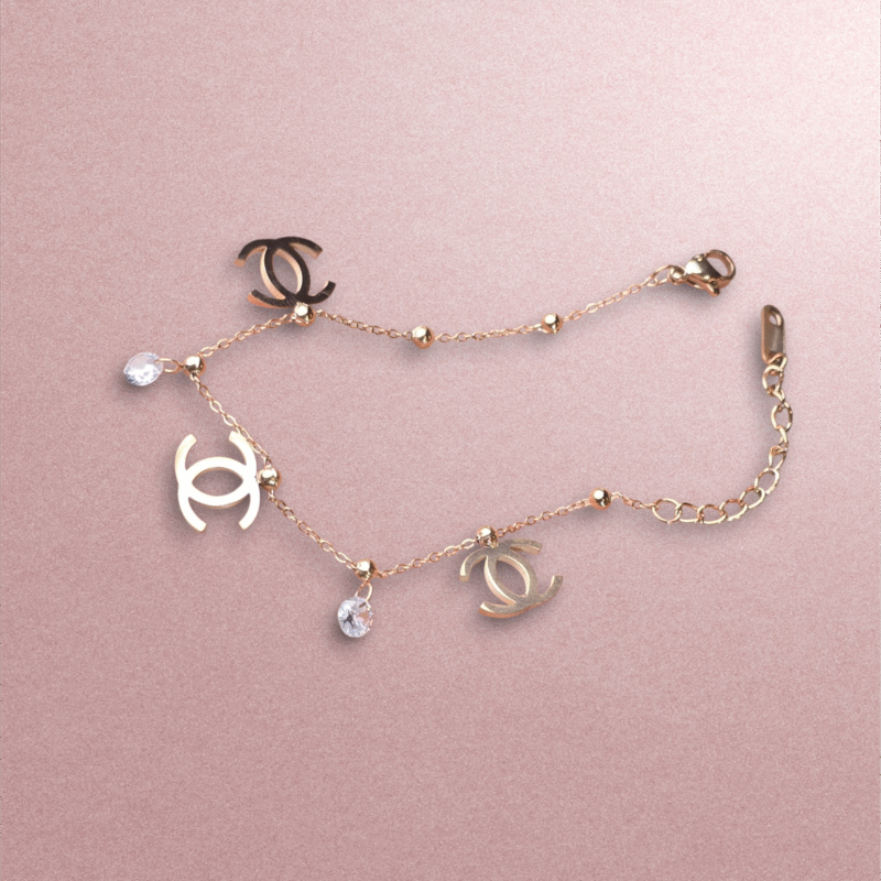 Rose Gold Logo Charm Bracelet with Crystal Droplets - Image 9