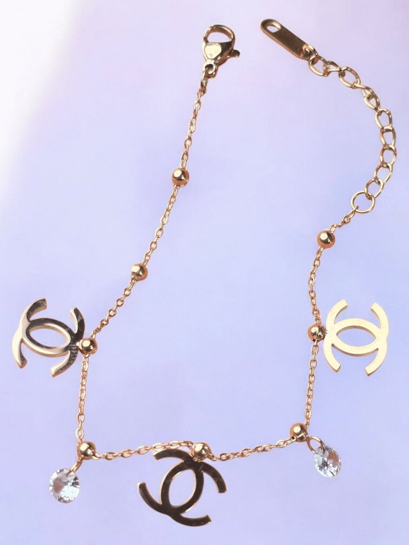 Rose Gold Logo Charm Bracelet with Crystal Droplets - Image 10