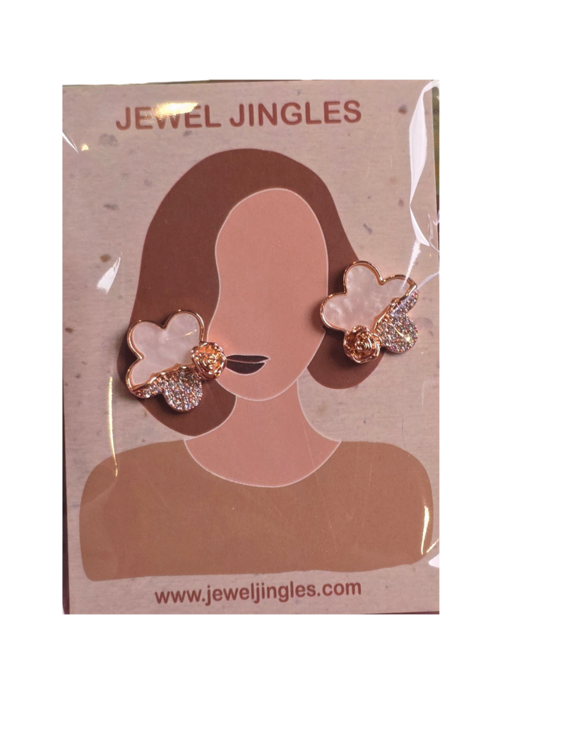 Ivory Enamel Florets – Crystal Rhinestone & Gold-Toned Rose Stud Earrings - Image 4