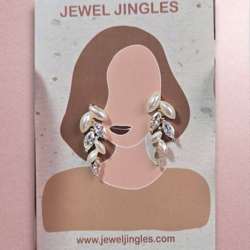 Golden Glint Pearl with Crystal Rhinestone Leaf fall Earrings - Image 5
