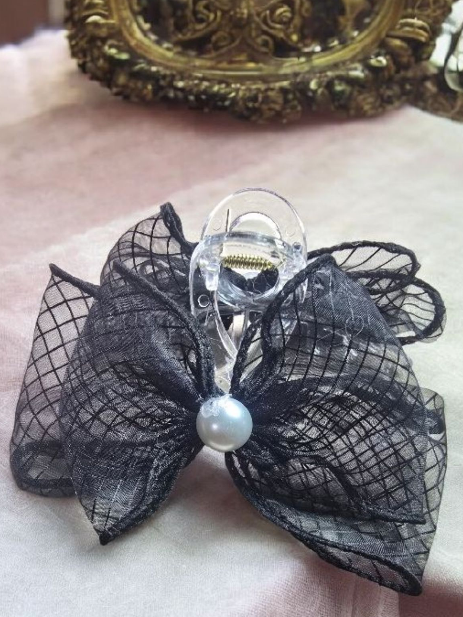 Pearl Center Mesh Bow Claw Clip - Image 8