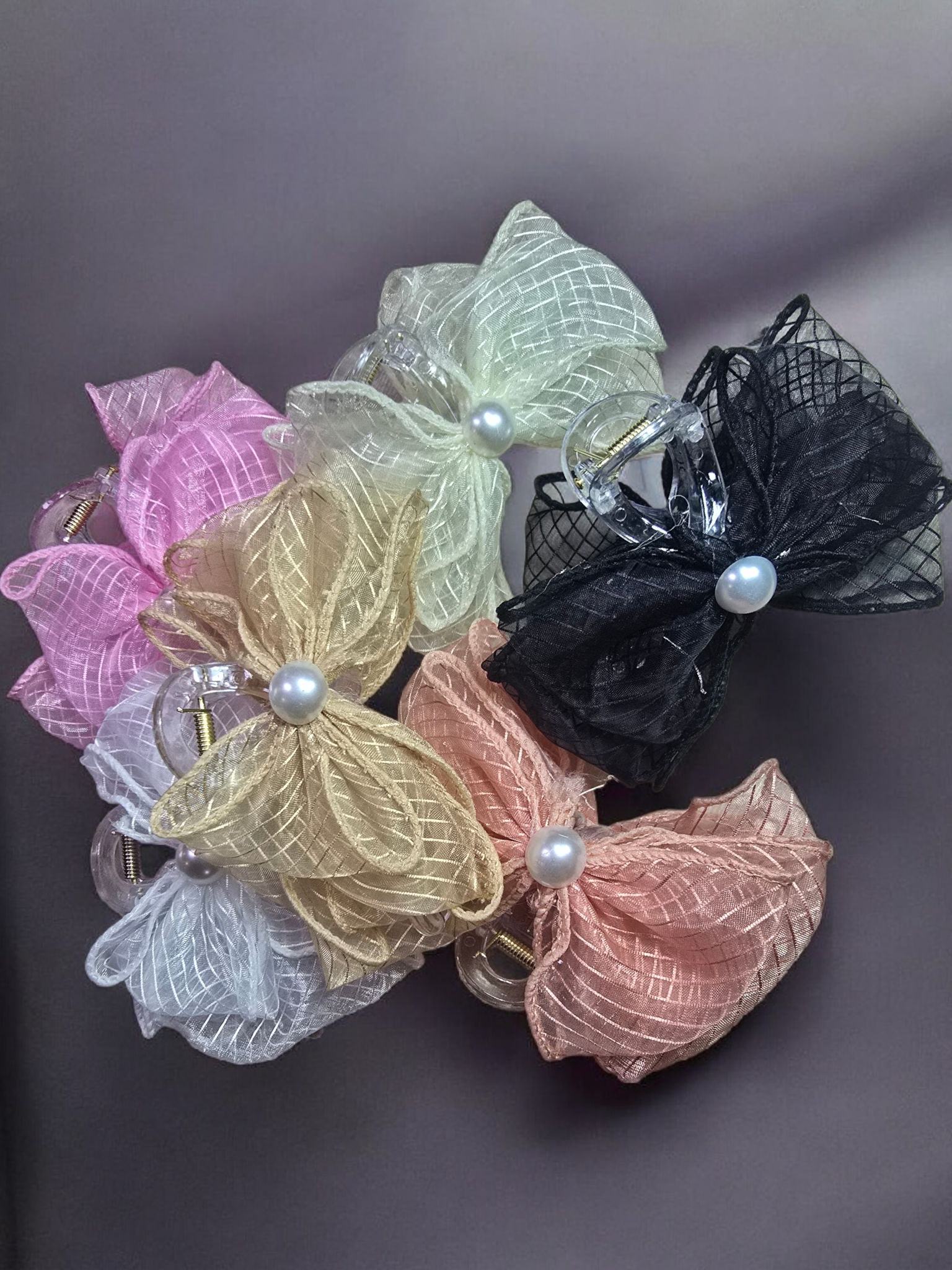 Pearl Center Mesh Bow Claw Clip - Image 24
